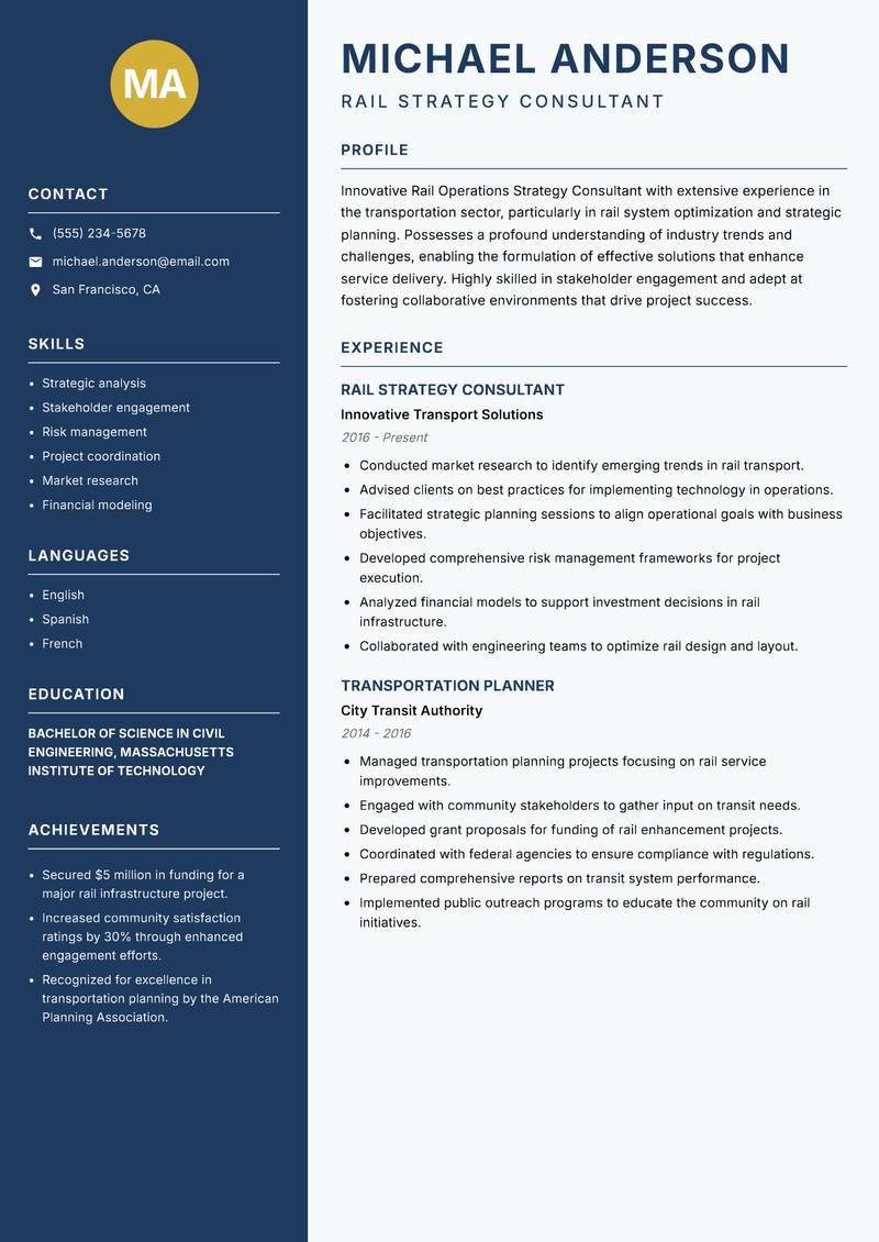 Rail Operations Strategy Consultant resume sample — Rail Strategy Consultant focus