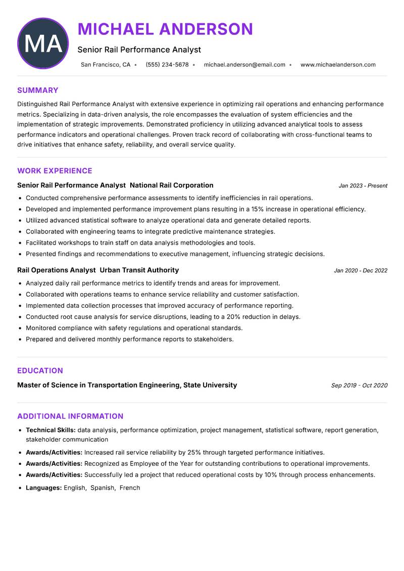 Rail Performance Analyst resume example