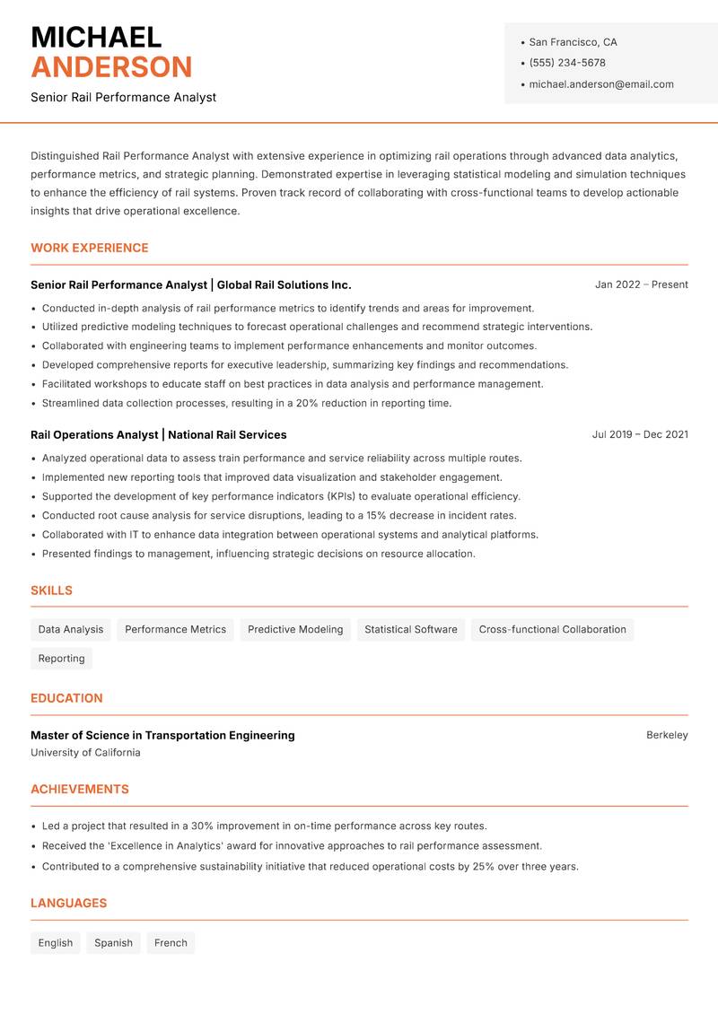 Rail Performance Analyst resume sample — Senior Rail Performance Analyst focus