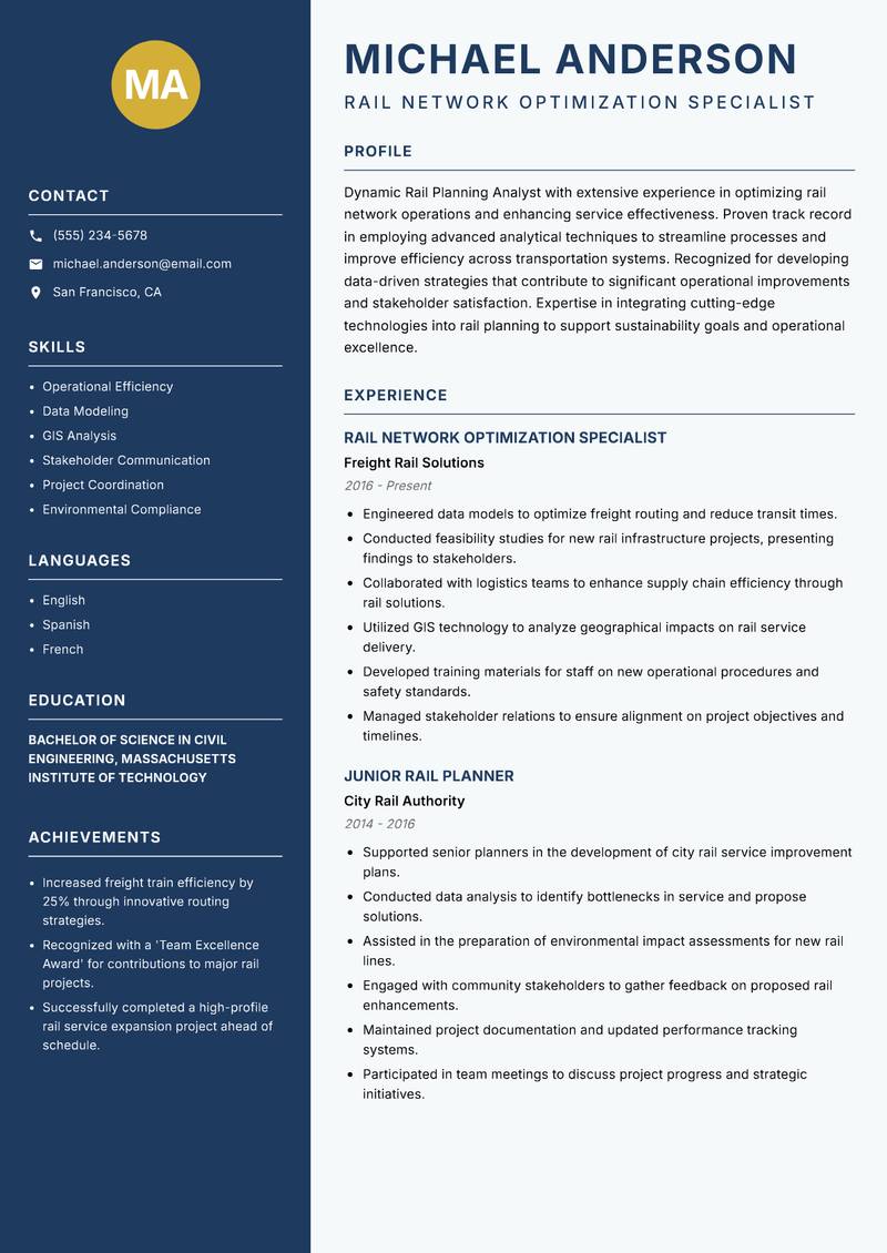 Rail Planning Analyst resume sample — Rail Network Optimization Specialist focus
