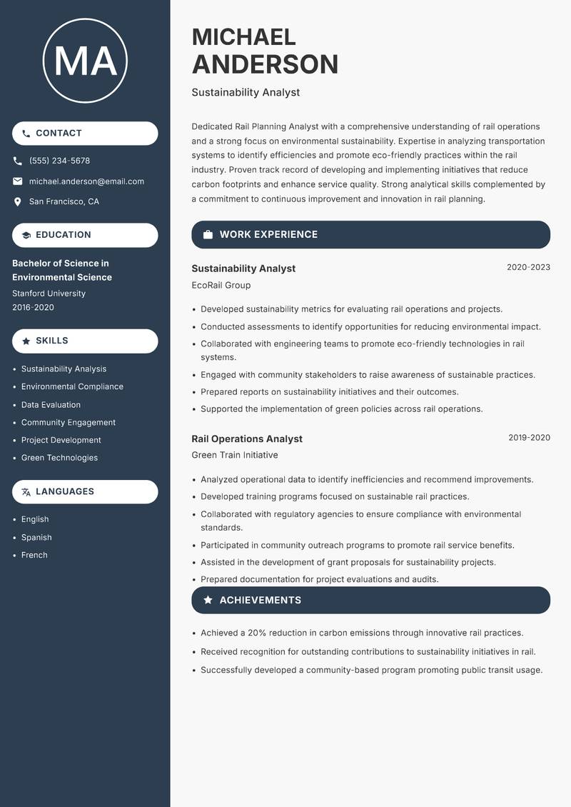 Rail Planning Analyst resume sample — Sustainability Analyst focus
