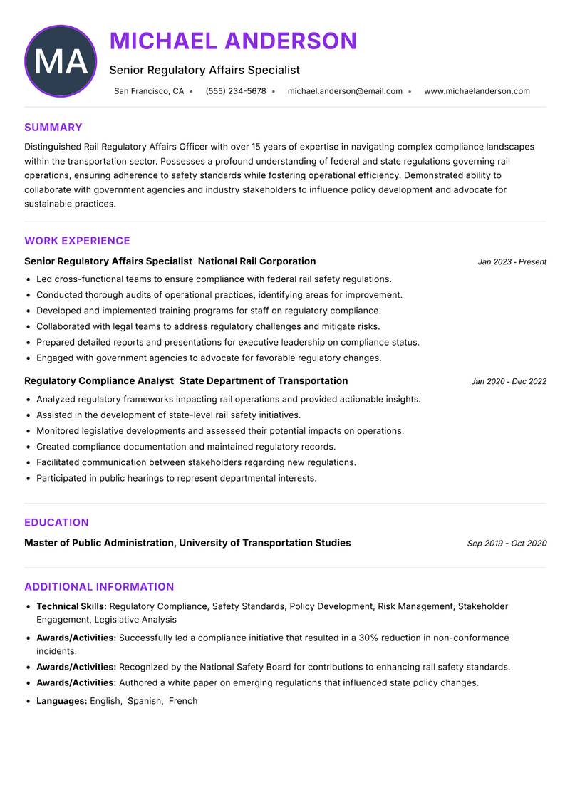 Rail Regulatory Affairs Officer resume example