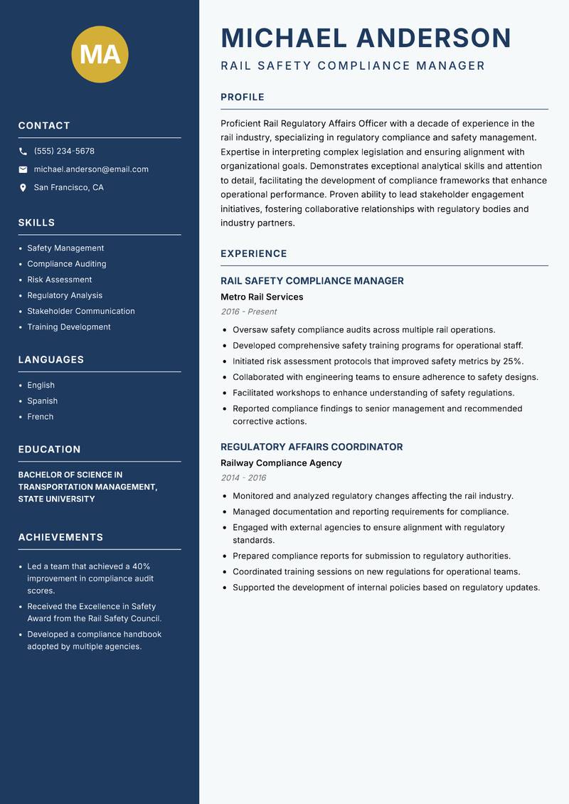 Rail Regulatory Affairs Officer resume sample — Rail Safety Compliance Manager focus