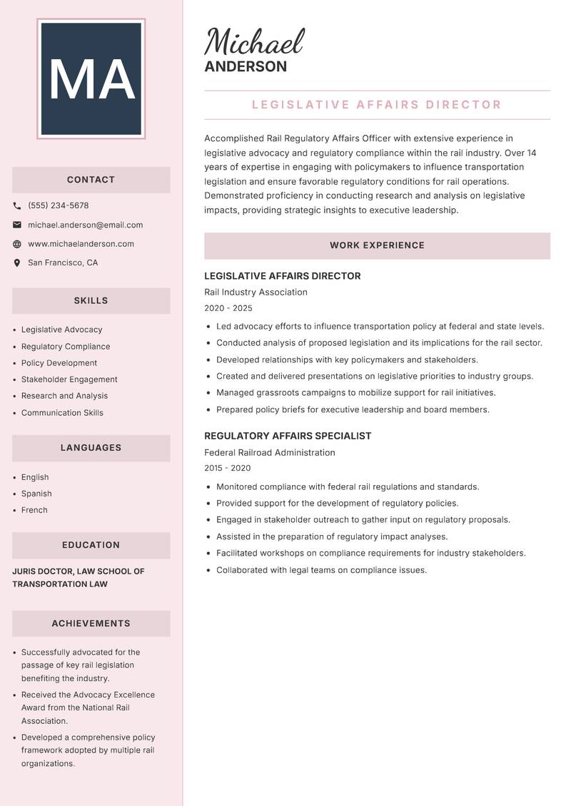 Rail Regulatory Affairs Officer resume sample — Legislative Affairs Director focus