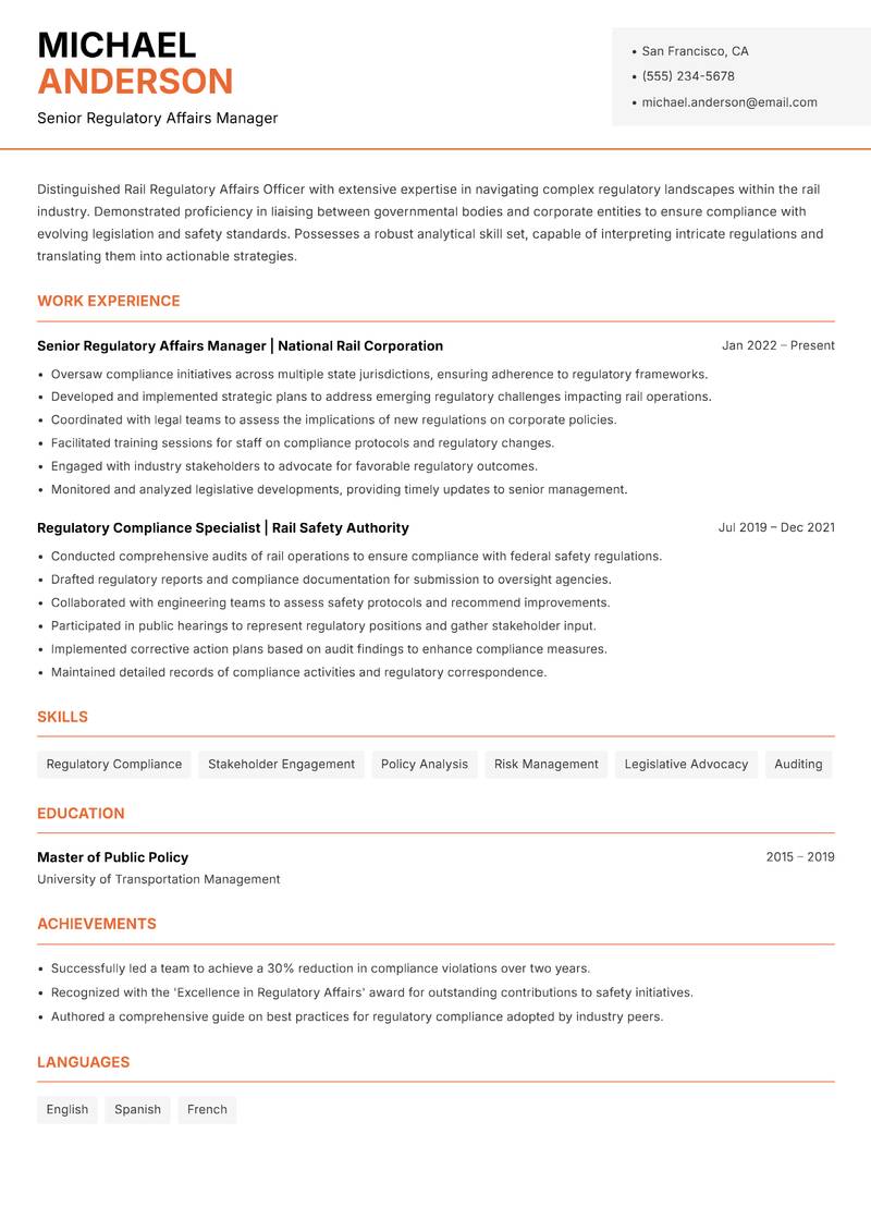 Rail Regulatory Affairs Officer resume sample — Senior Regulatory Affairs Manager focus