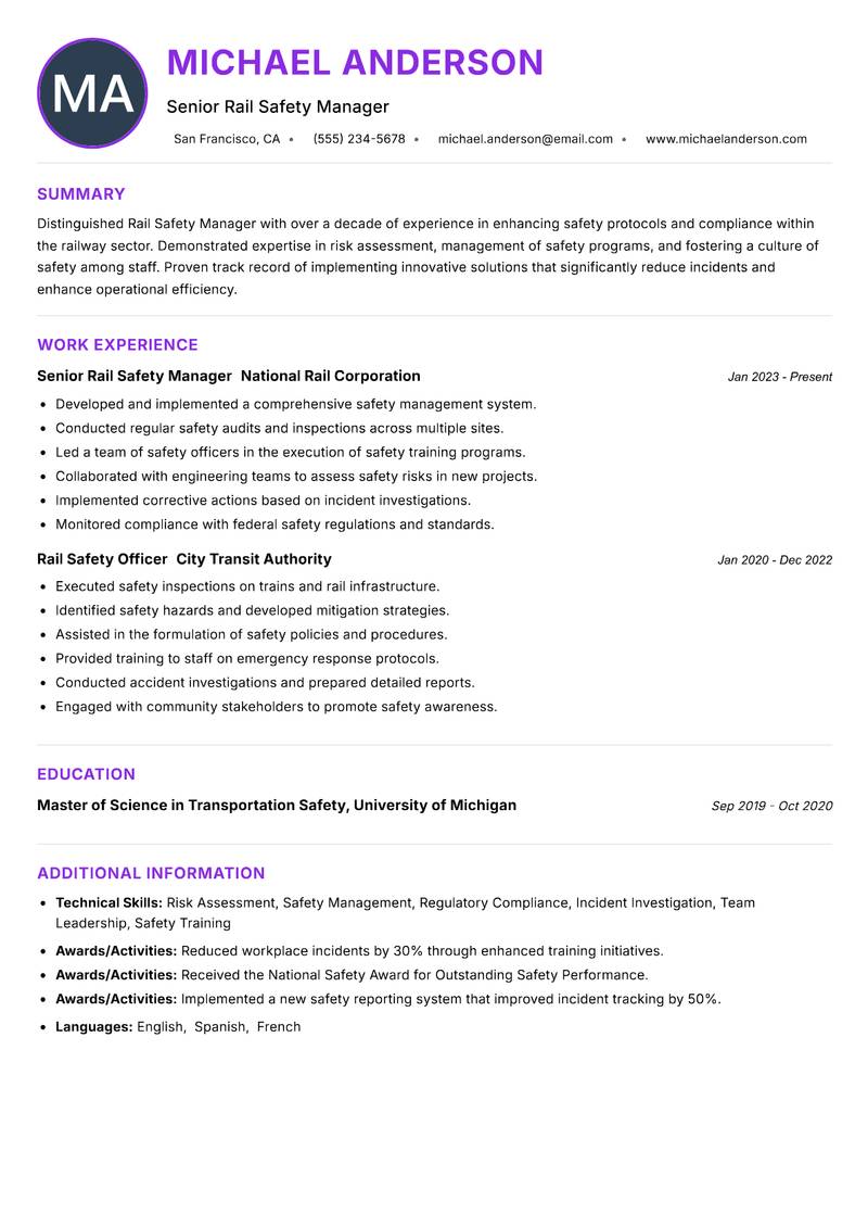 Rail Safety Manager resume example