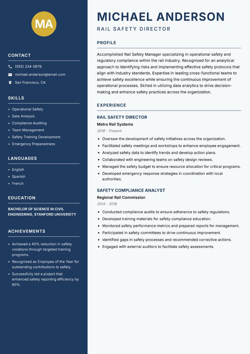 Rail Safety Manager resume sample — Rail Safety Director focus