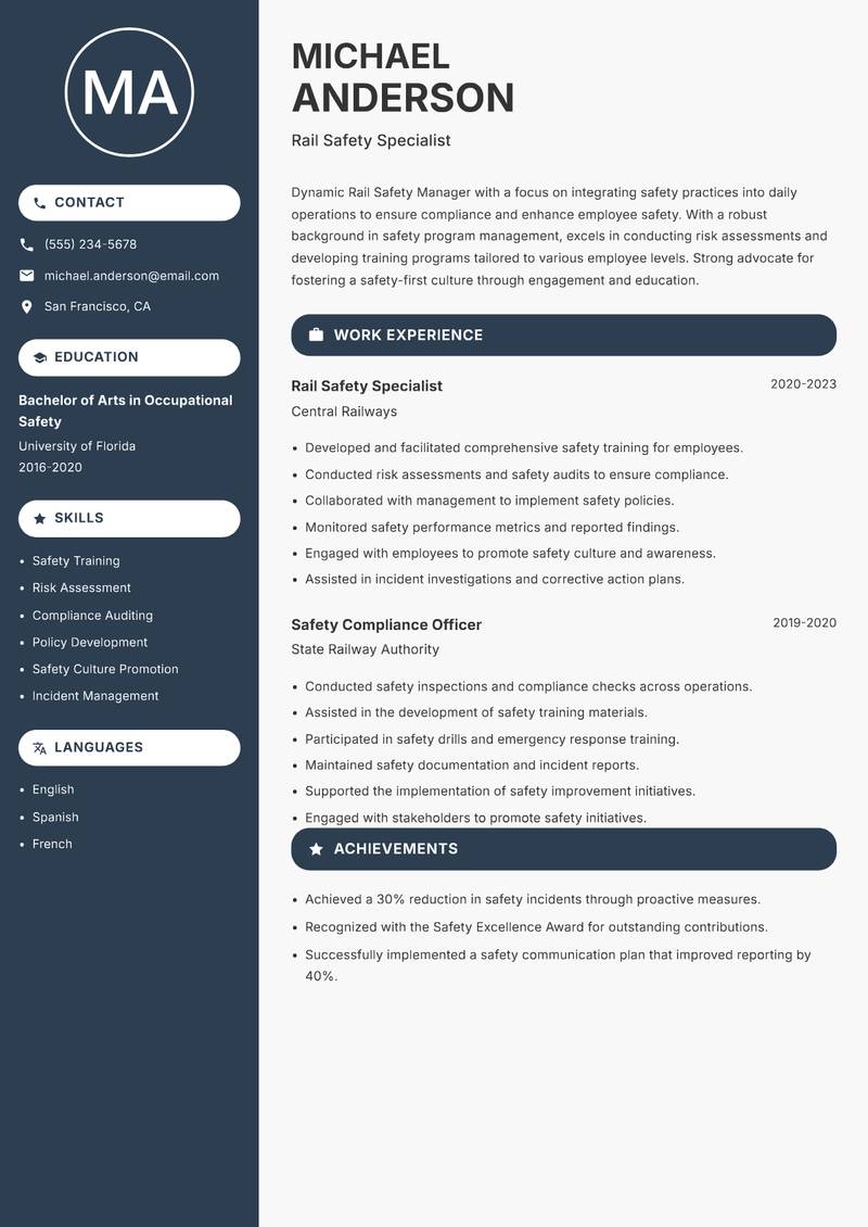 Rail Safety Manager resume sample — Rail Safety Specialist focus
