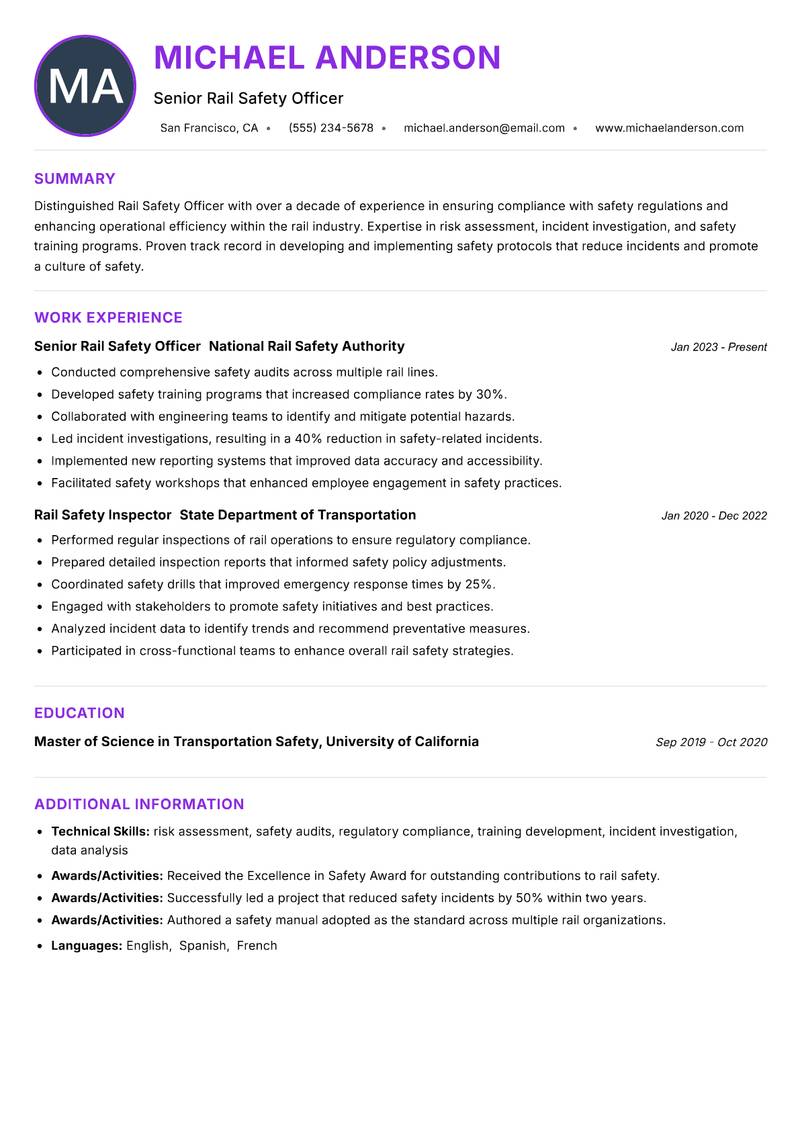 Rail Safety Officer resume example