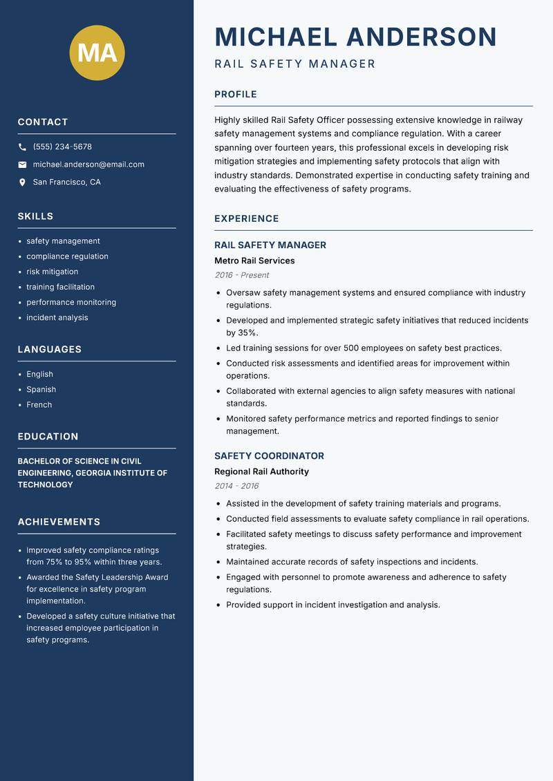 Rail Safety Officer resume sample — Rail Safety Manager focus