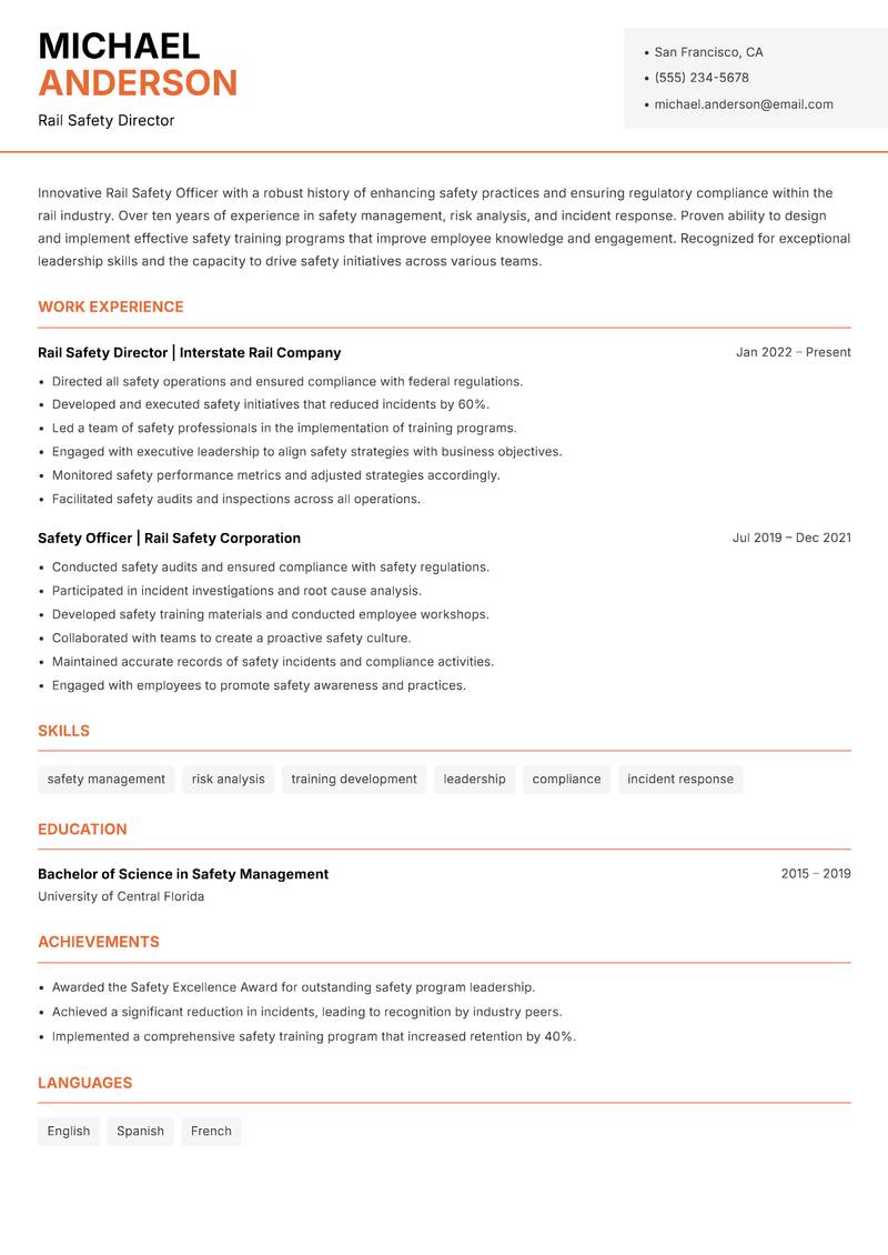Rail Safety Officer resume sample — Rail Safety Director focus