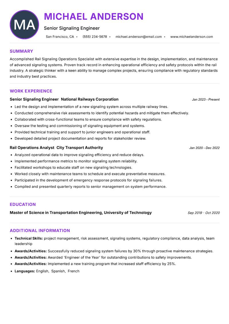 Rail Signaling Operations Specialist resume example