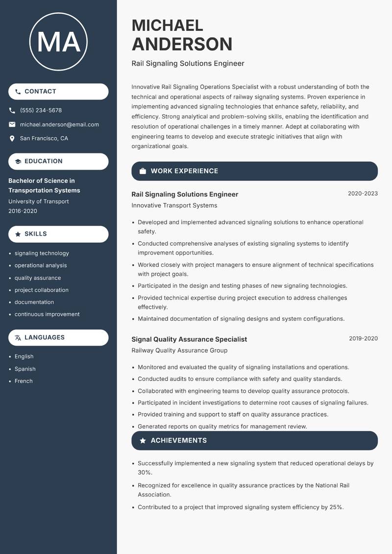 Rail Signaling Operations Specialist resume sample — Rail Signaling Solutions Engineer focus