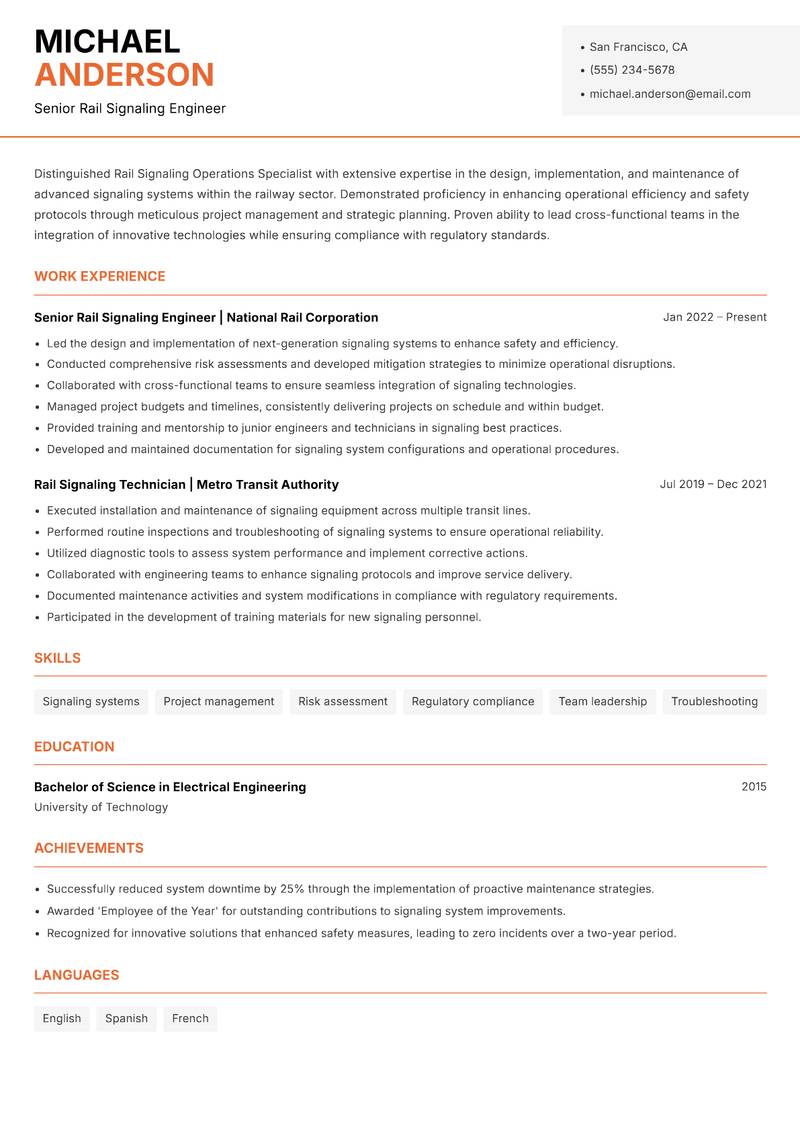 Rail Signaling Operations Specialist resume sample — Senior Rail Signaling Engineer focus