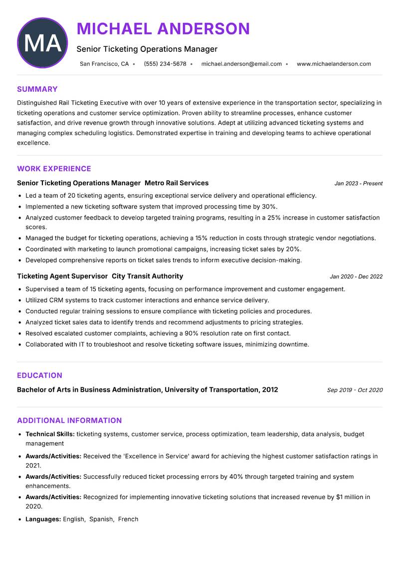 Rail Ticketing Executive resume example