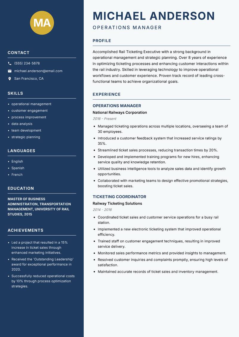 Rail Ticketing Executive resume sample — Operations Manager focus