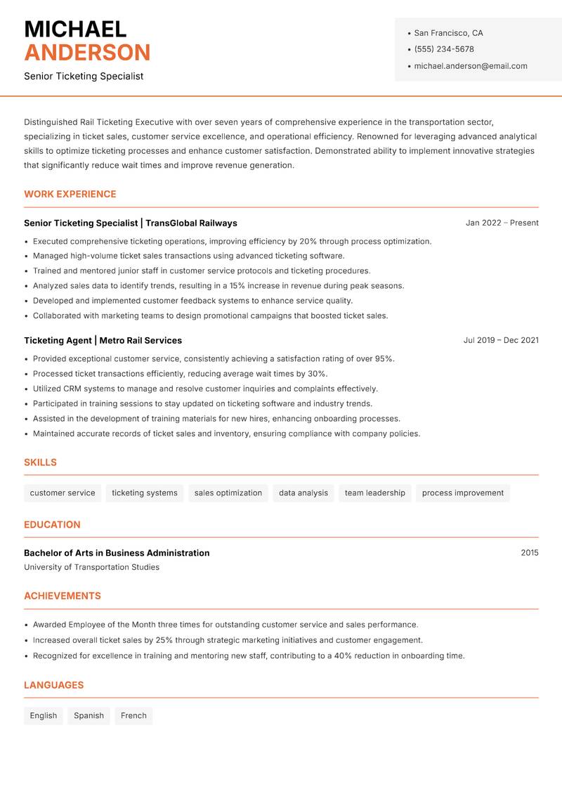Rail Ticketing Executive resume sample — Senior Ticketing Specialist focus