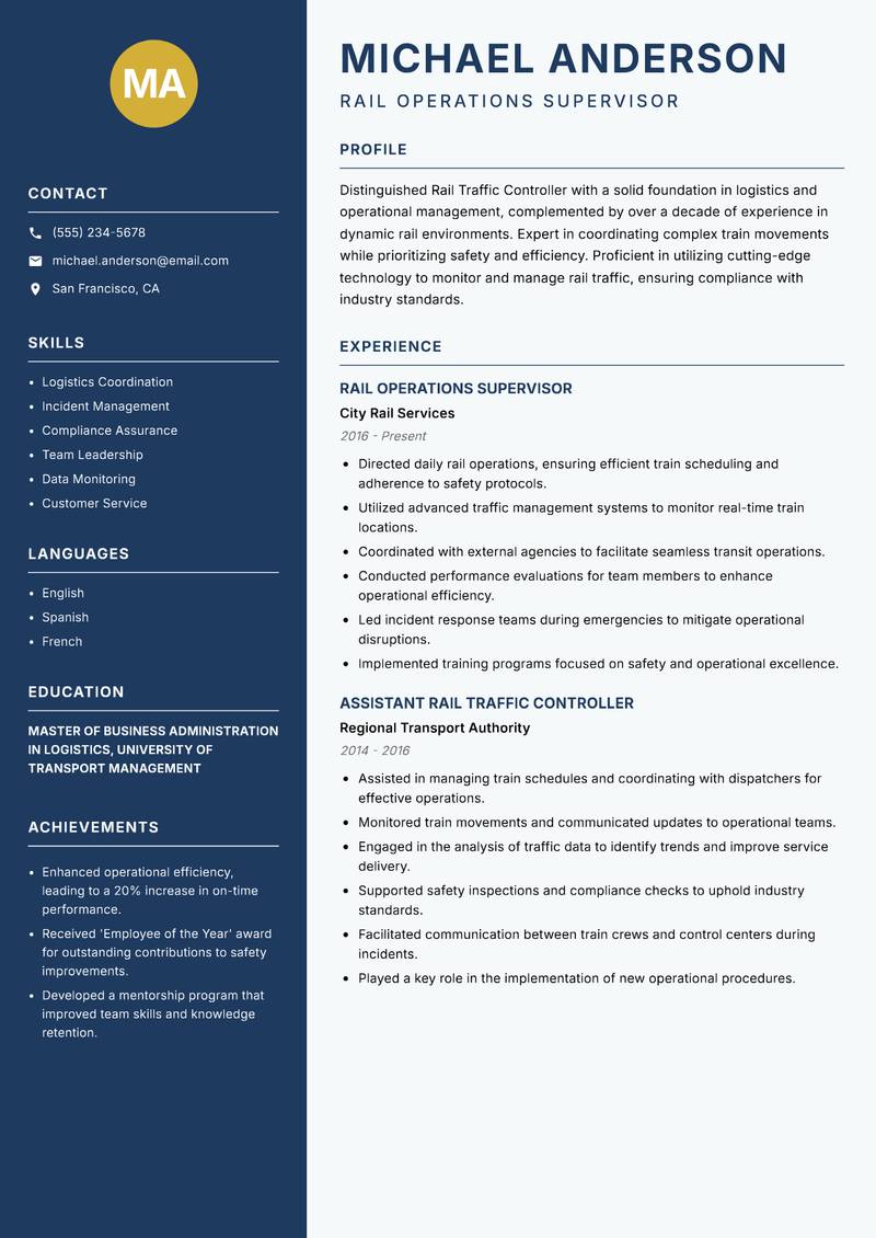 Rail Traffic Controller resume sample — Rail Operations Supervisor focus