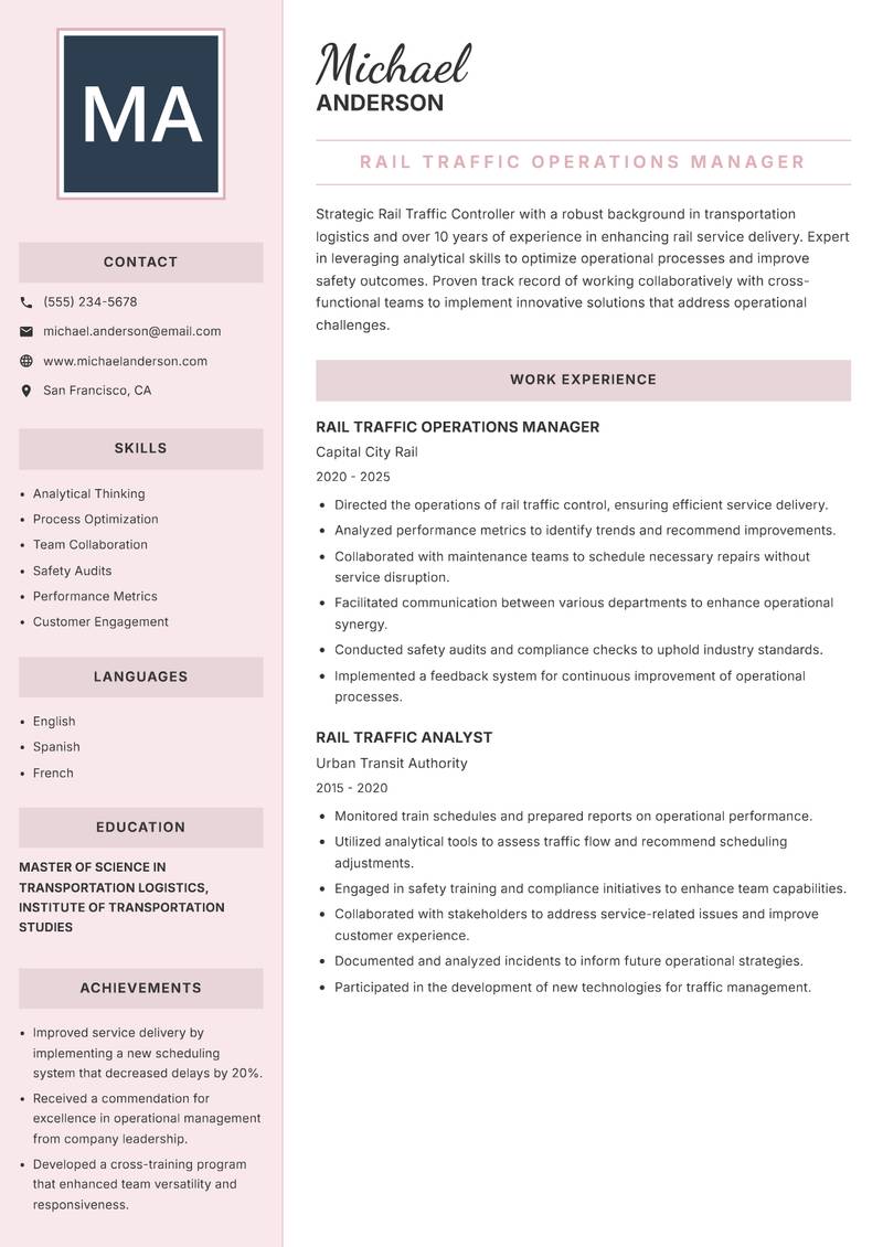 Rail Traffic Controller resume sample — Rail Traffic Operations Manager focus