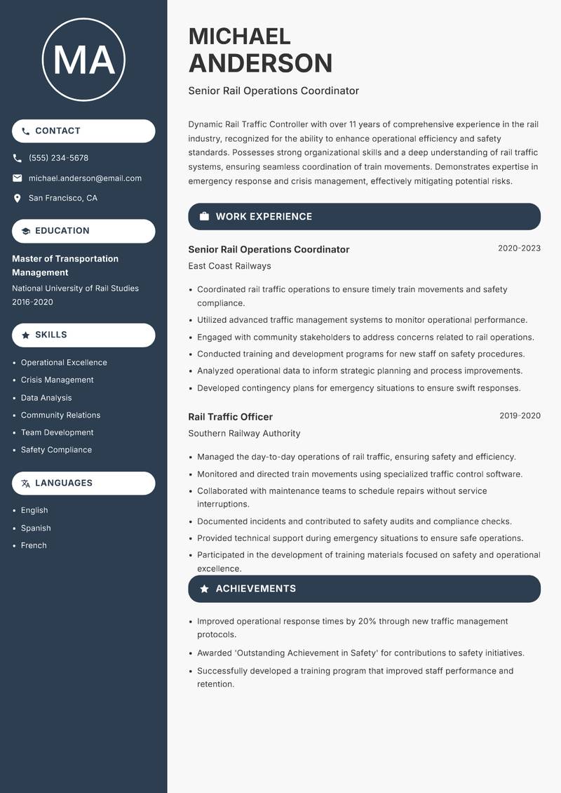 Rail Traffic Controller resume sample — Senior Rail Operations Coordinator focus