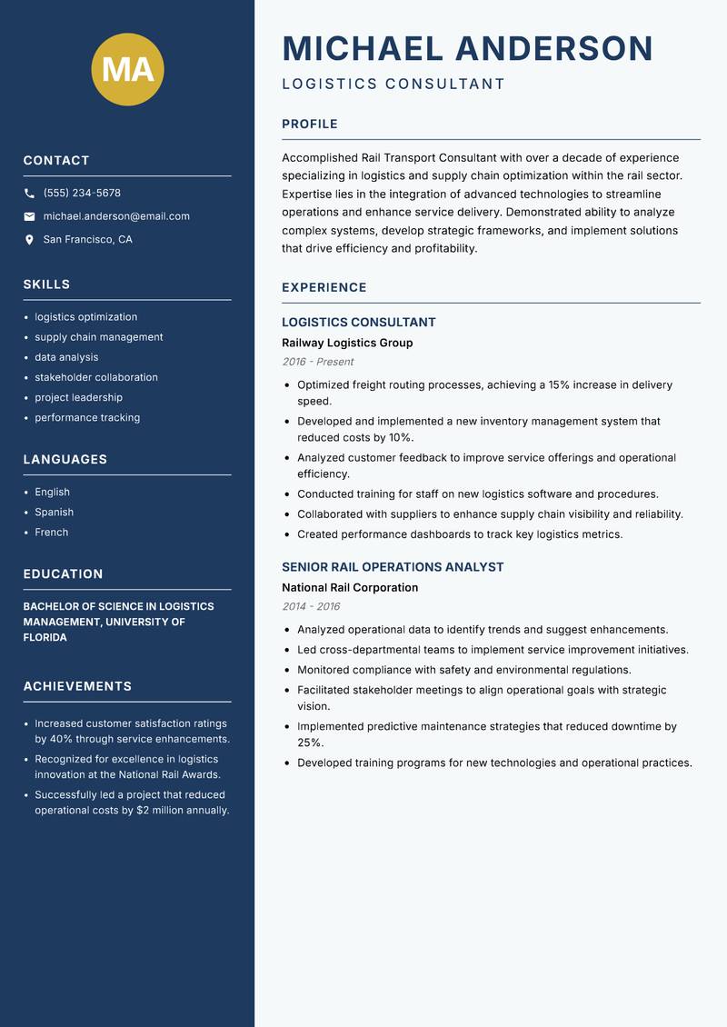 Rail Transport Consultant resume sample — Logistics Consultant focus