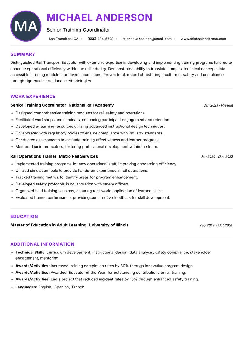 Rail Transport Educator resume example
