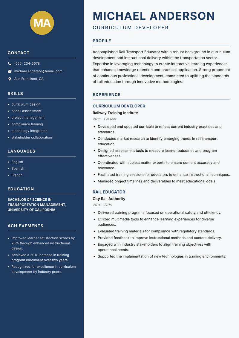 Rail Transport Educator resume sample — Curriculum Developer focus