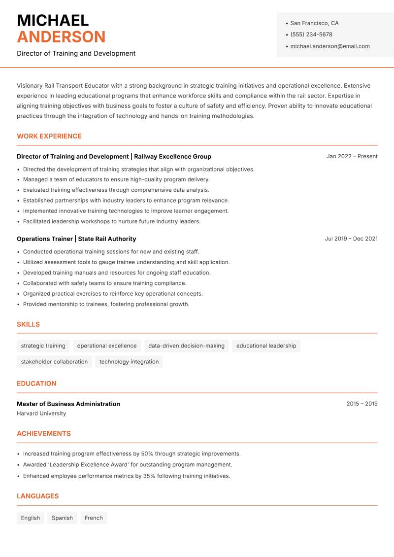 Rail Transport Educator resume sample — Director of Training and Development focus