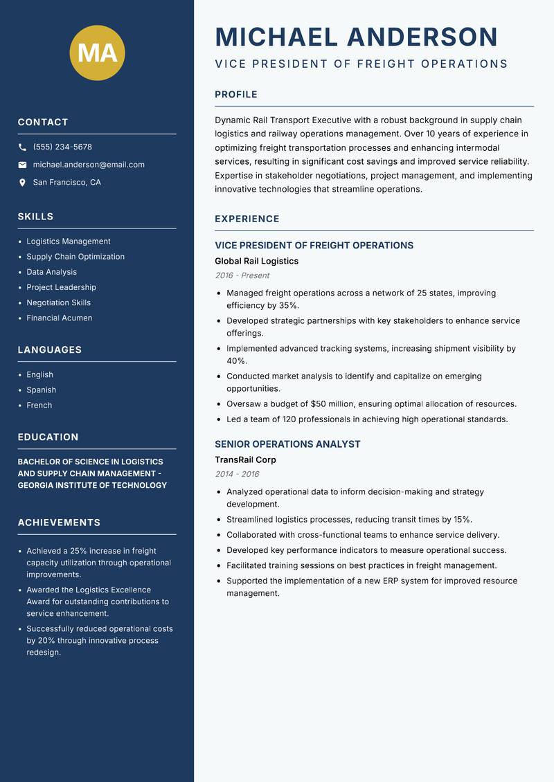 Rail Transport Executive resume sample — Vice President of Freight Operations focus