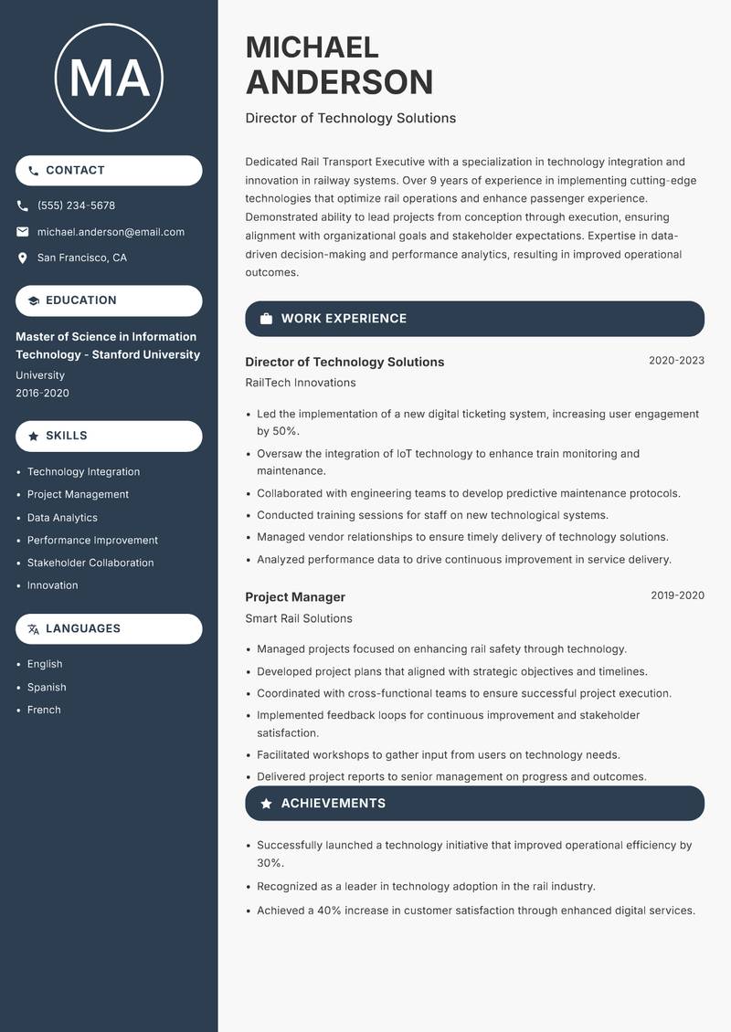 Rail Transport Executive resume sample — Director of Technology Solutions focus