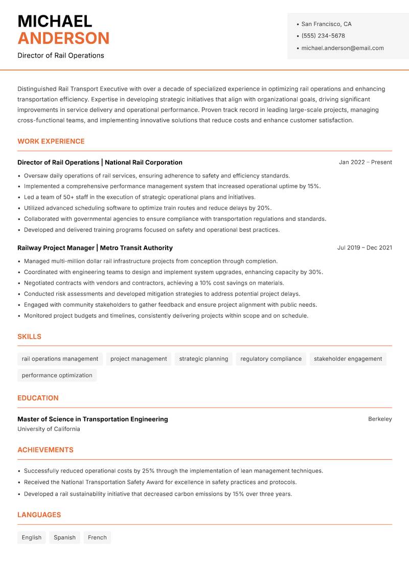 Rail Transport Executive resume sample — Director of Rail Operations focus
