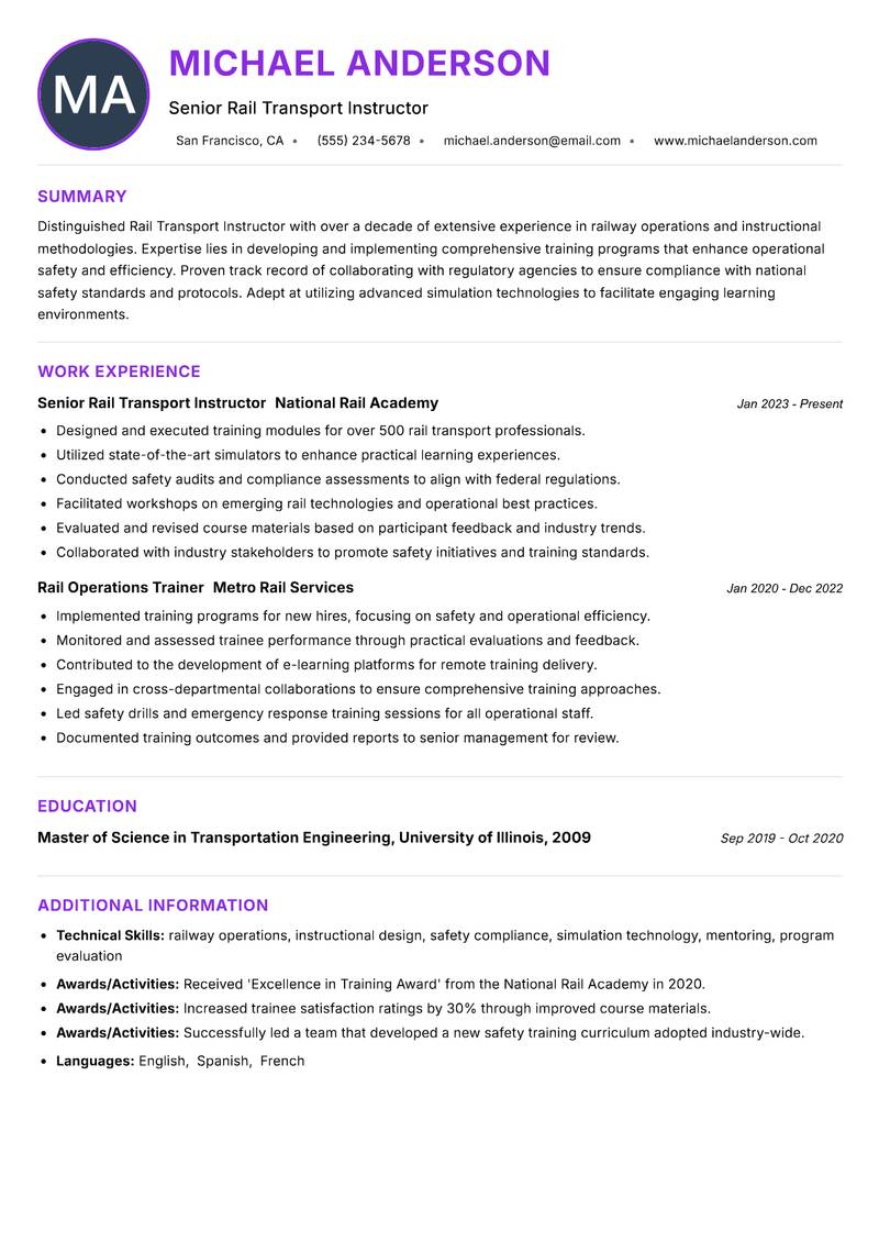 Rail Transport Instructor resume example