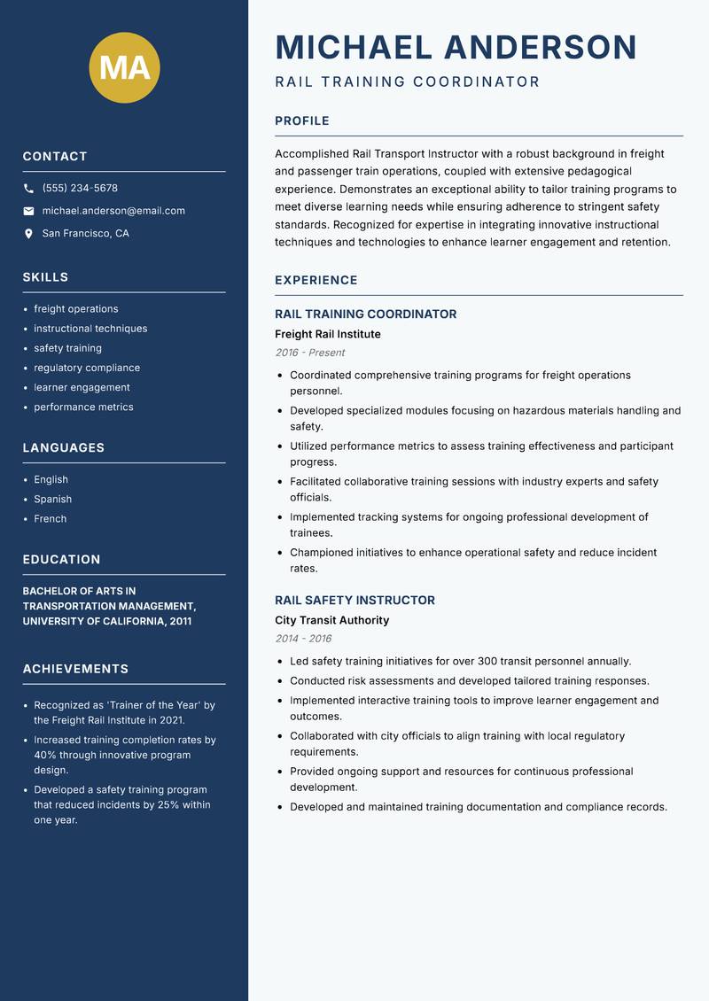 Rail Transport Instructor resume sample — Rail Training Coordinator focus