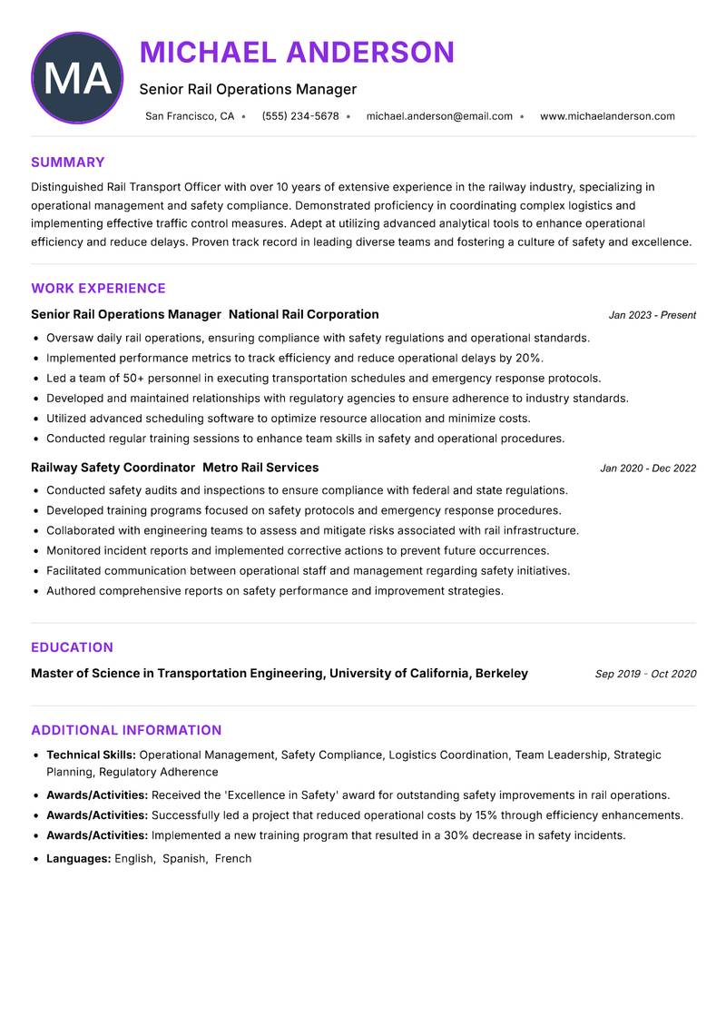 Rail Transport Officer resume example