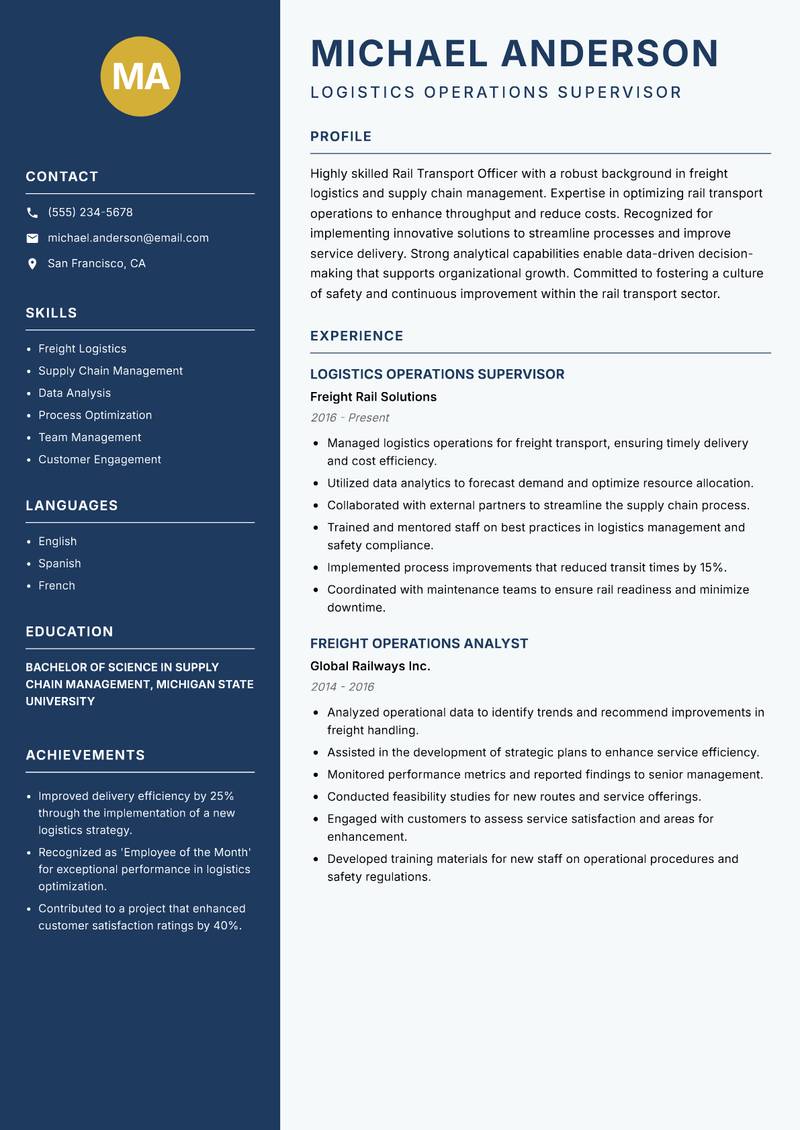 Rail Transport Officer resume sample — Logistics Operations Supervisor focus