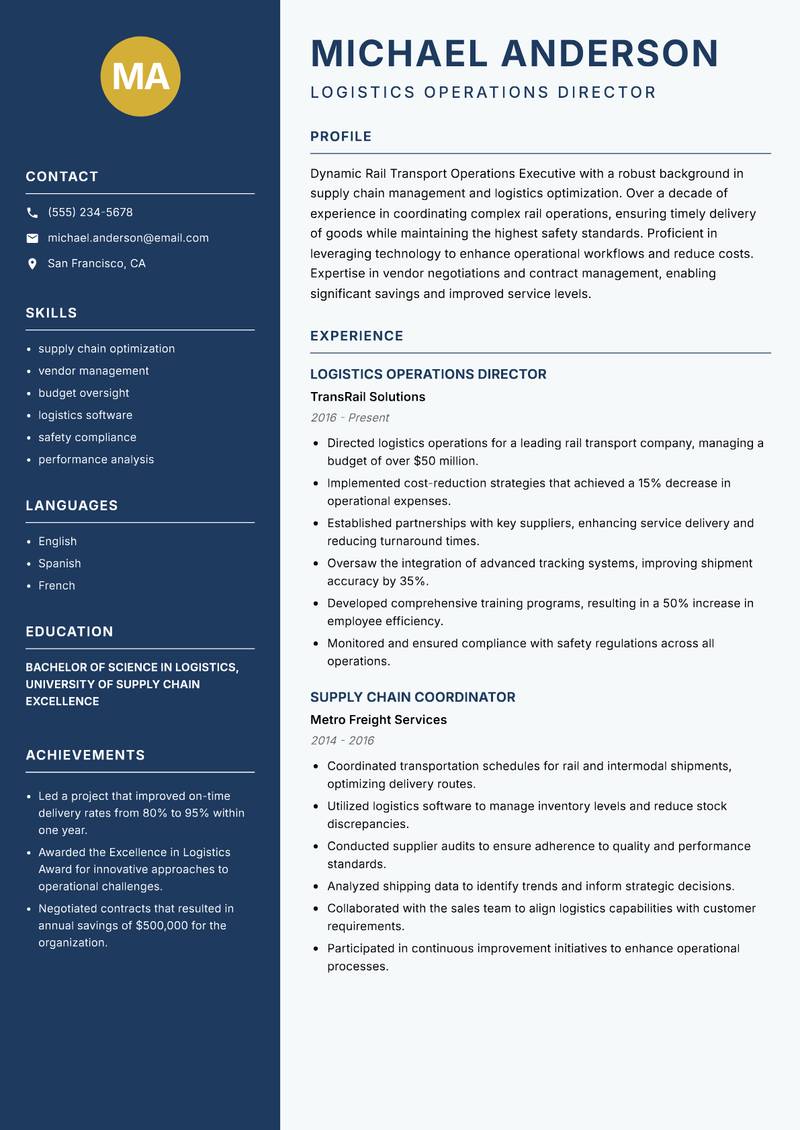 Rail Transport Operations Executive resume sample — Logistics Operations Director focus