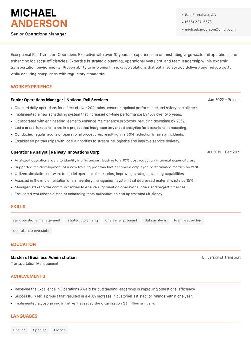 Rail Transport Operations Executive resume sample — Senior Operations Manager focus