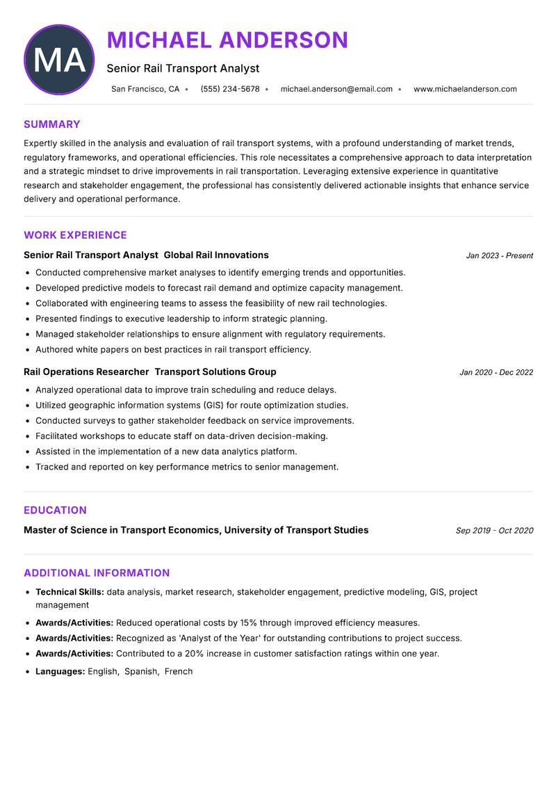 Rail Transport Research Analyst resume example