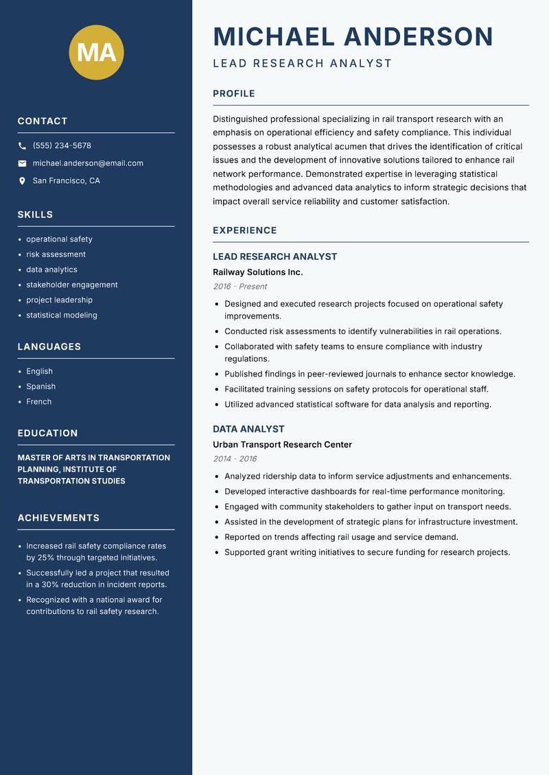 Rail Transport Research Analyst resume sample — Lead Research Analyst focus