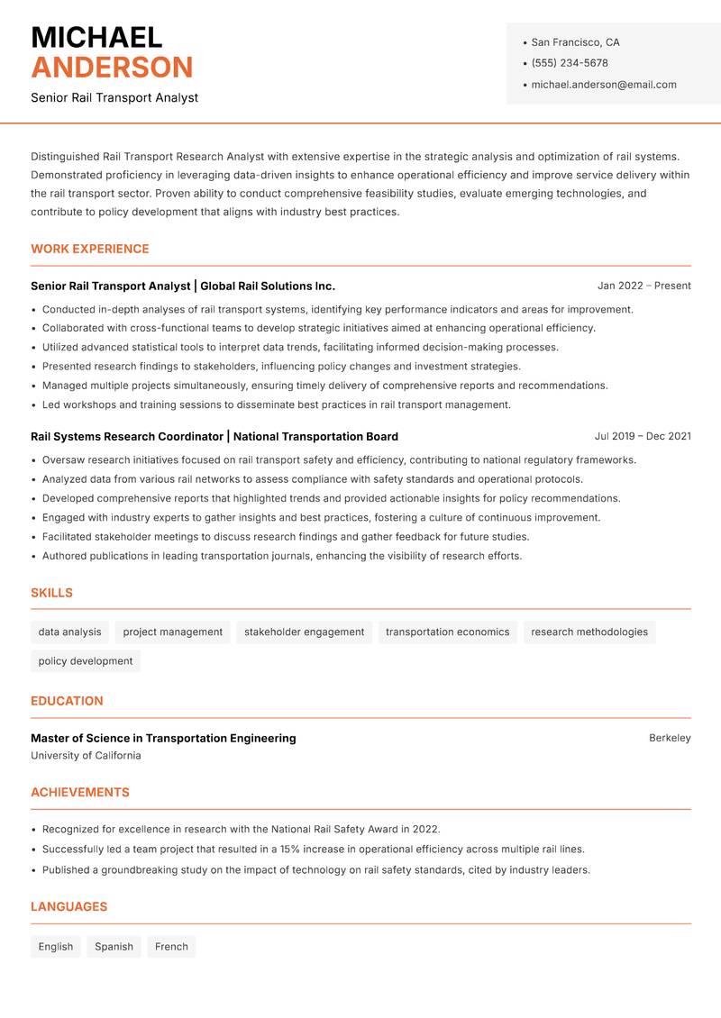 Rail Transport Research Analyst resume sample — Senior Rail Transport Analyst focus