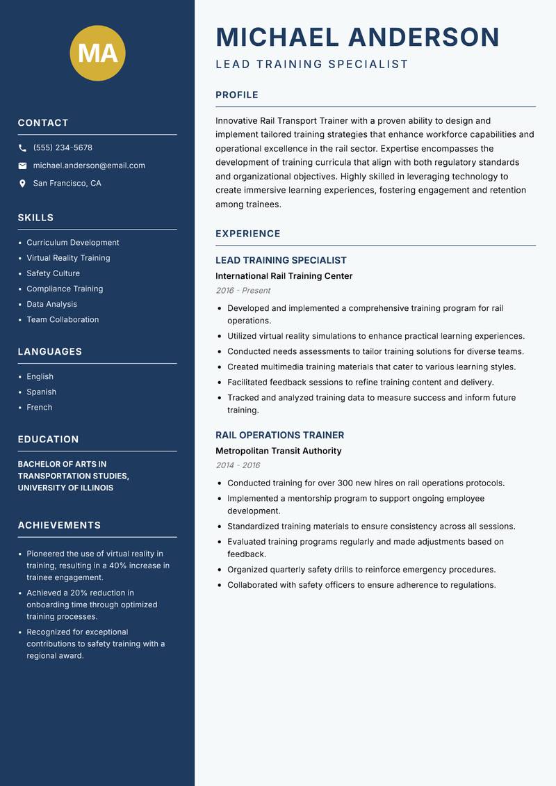 Rail Transport Trainer resume sample — Lead Training Specialist focus