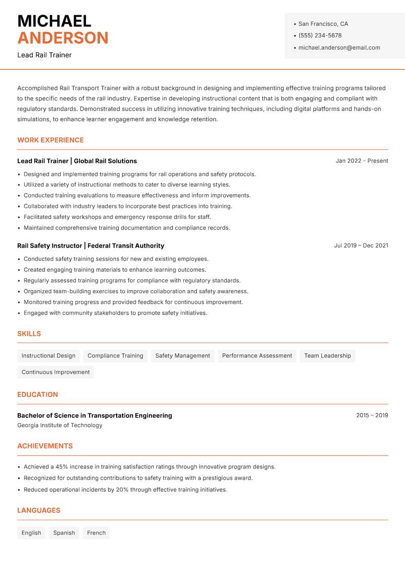 Rail Transport Trainer resume sample — Lead Rail Trainer focus