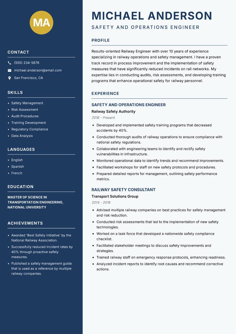 Railway Engineer resume sample — Safety and Operations Engineer focus