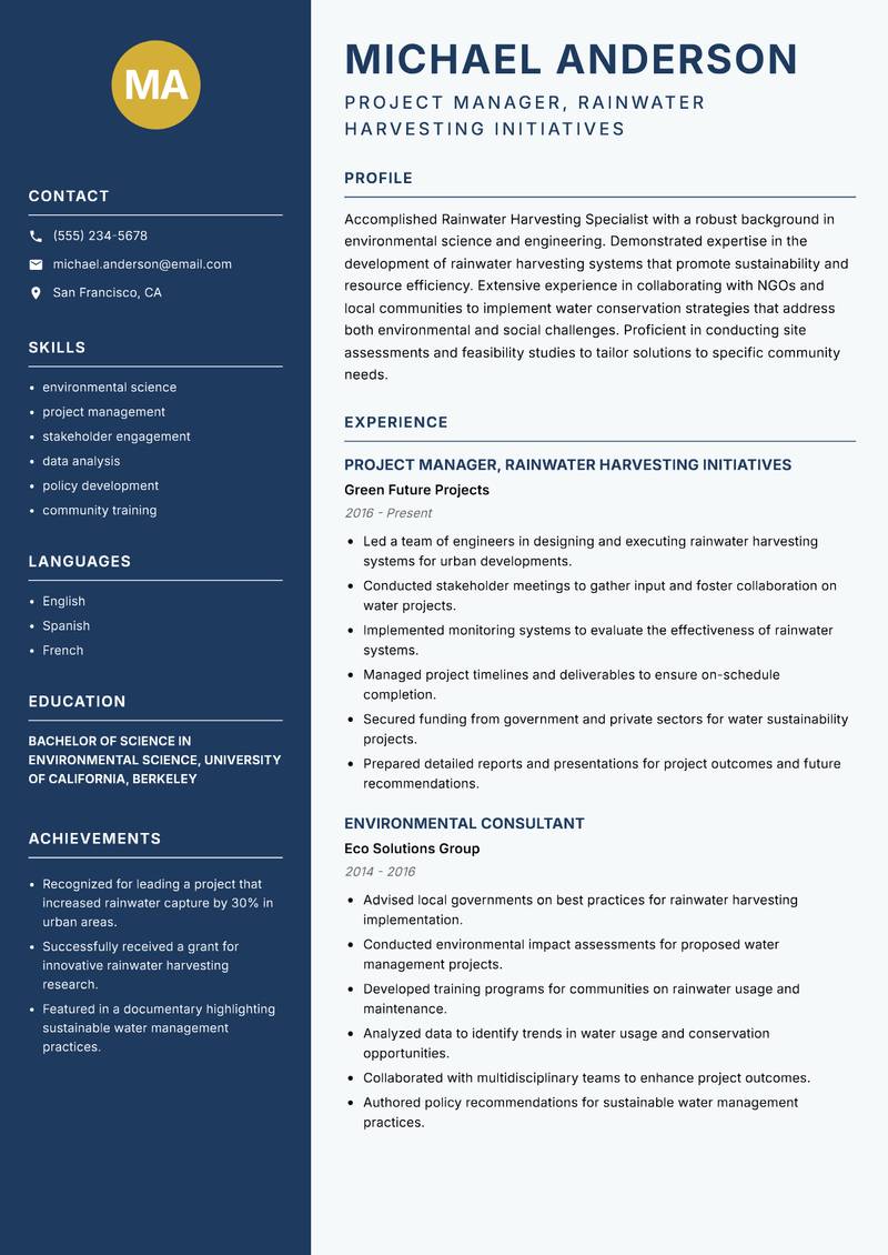Rainwater Harvesting Specialist resume sample — Project Manager, Rainwater Harvesting Initiatives focus