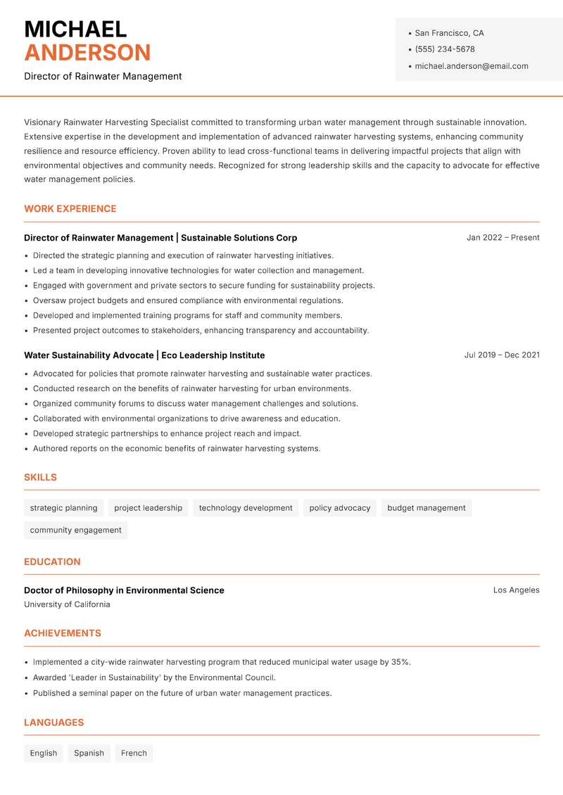 Rainwater Harvesting Specialist resume sample — Director of Rainwater Management focus