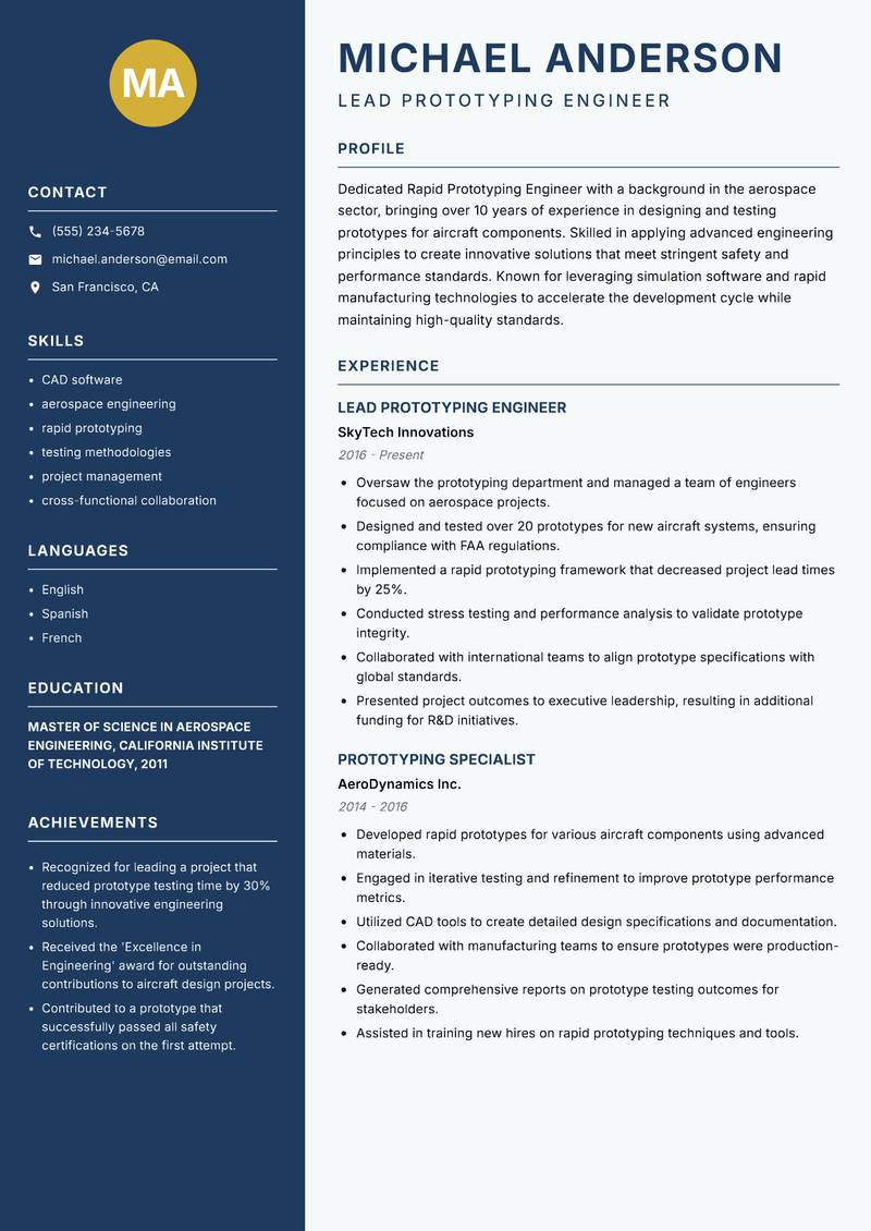 Rapid Prototyping Engineer resume sample — Lead Prototyping Engineer focus