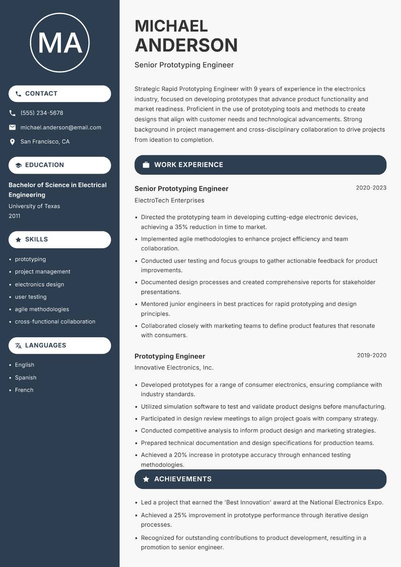 Rapid Prototyping Engineer resume sample — Senior Prototyping Engineer focus