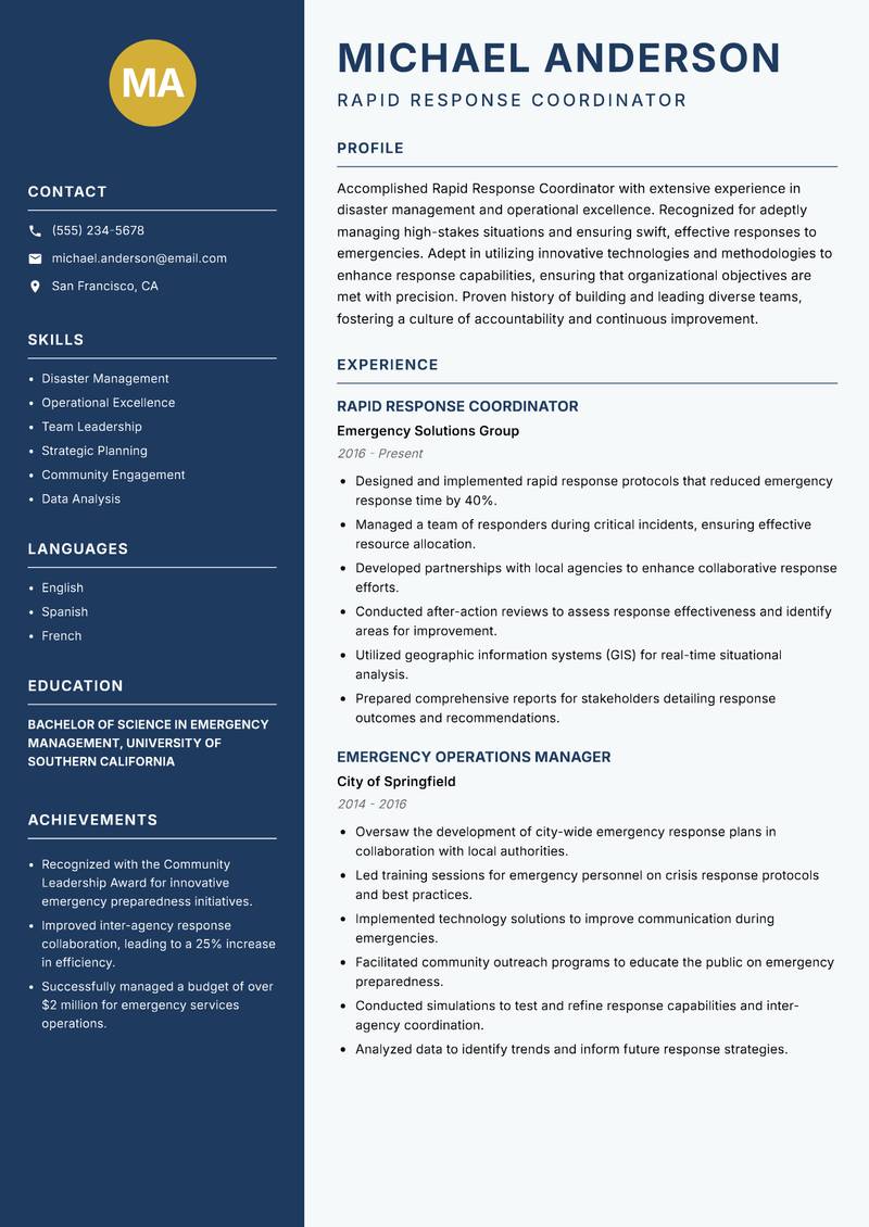 Rapid Response Coordinator resume sample — Rapid Response Coordinator focus