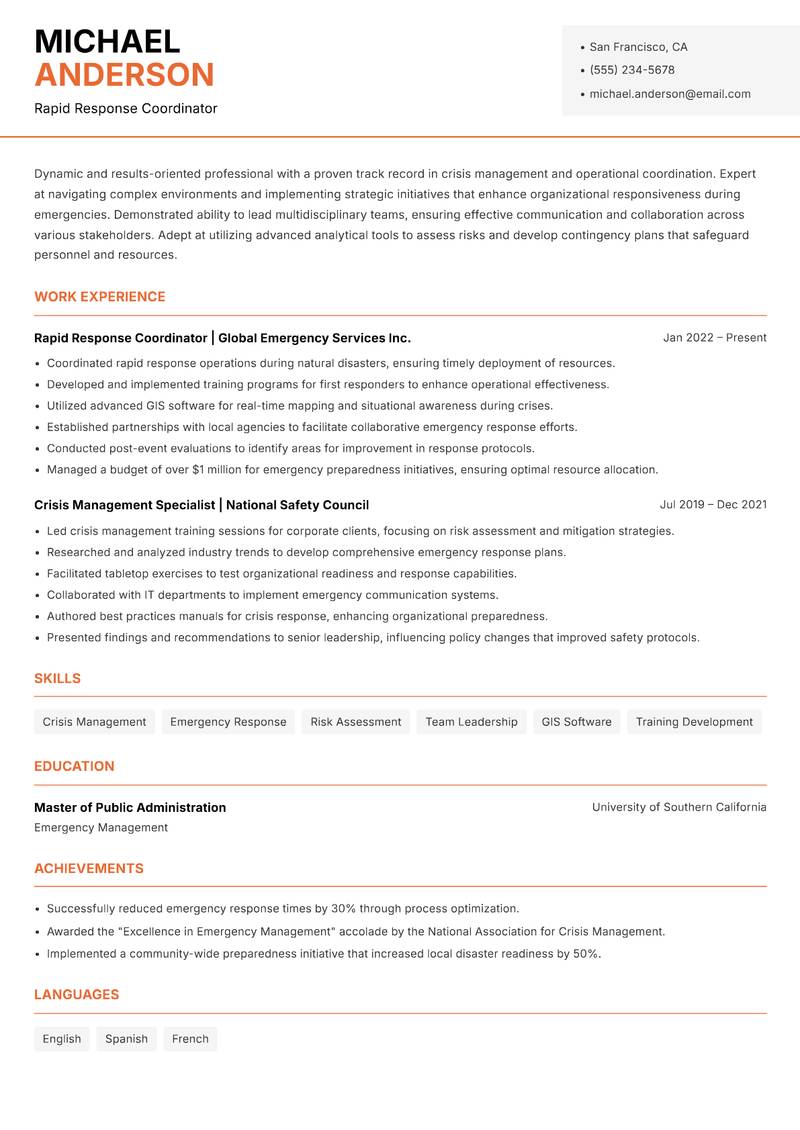 Rapid Response Coordinator resume sample — Rapid Response Coordinator focus