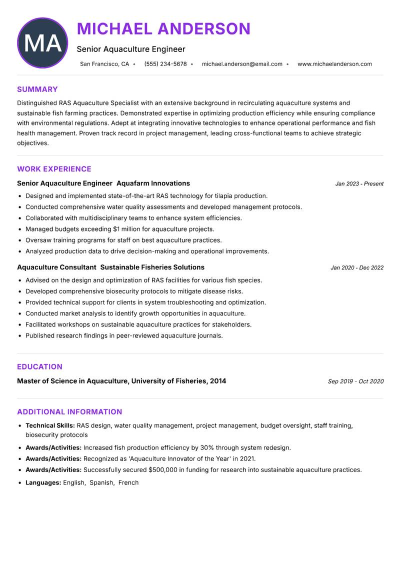 RAS Aquaculture Specialist resume example